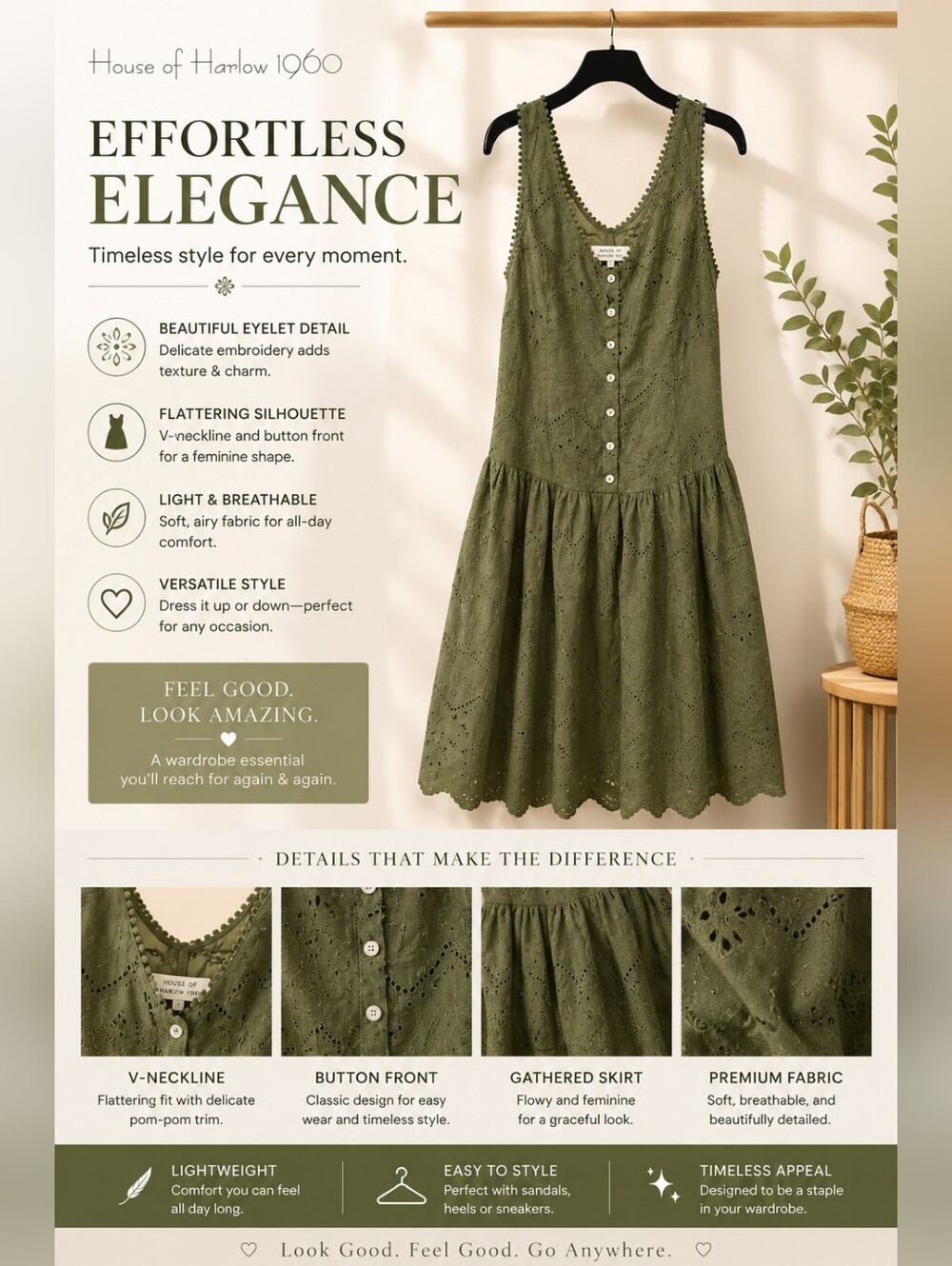 House of Harlow 1960 Olive Eyelet Button-Front Dress